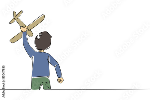 Single one line drawing rear view, boy running while holding toy airplane raised up. The fun of a holiday with new toys. Flight. International Day of Boys. Continuous line design graphic illustration