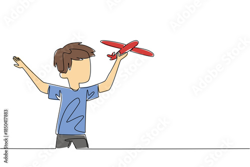 Single continuous line drawing a boy runs while holding a toy airplane that is lifted up. The excitement of playing creativity. Flying. International Day of Boys. One line design vector illustration