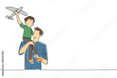 Single one line drawing father carrying his son on his shoulders and the child holding a toy airplane. Keeping ideals high. International Day of Boys. Continuous line design graphic illustration