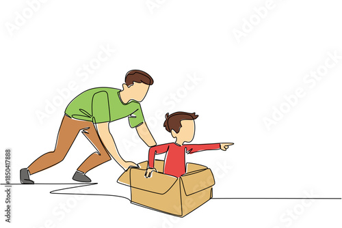 Single one line drawing boy is in a cardboard box and pushed by his father. The best way to bond is to spend free time together. International Day of Boys. Continuous line design graphic illustration