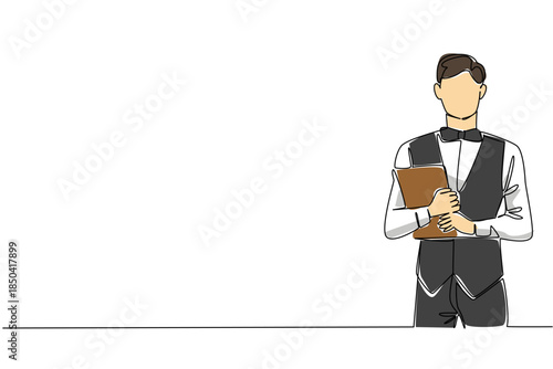 Single continuous line drawing a waiter crosses his arms in front of his chest while carrying a menu. Bringing menu list. Catalog. Servant. National Waiters Day. One line design vector illustration