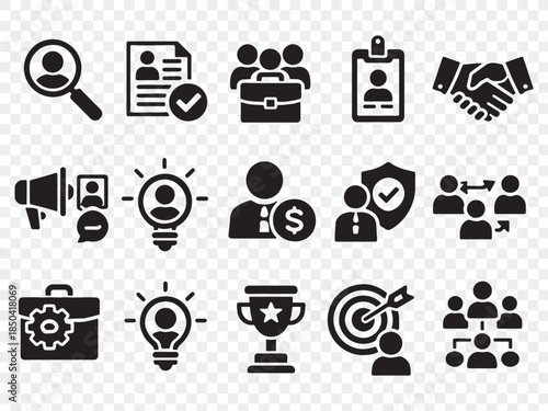 Human Resources and Business Management Icons Set: Recruiting, Teamwork, Job Search, and Organizational Management Vector Collection.