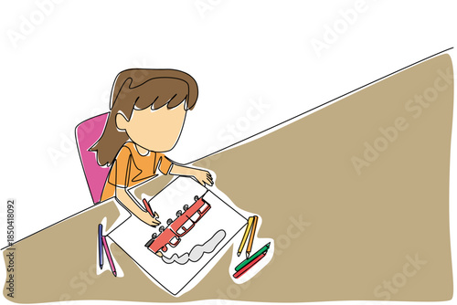 Continuous one line drawing a girl drawing a train and colorful pencils scattered around. Imagination with anti traffic jam vehicles. Learn. Drawing Day. Single line draw design vector illustration