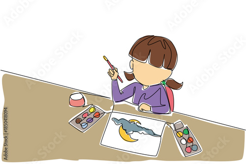 Single one line drawing a girl looking up while drawing and holding colorful paints and watercolor palette. First ideas about the environment. Drawing Day. Continuous line design graphic illustration