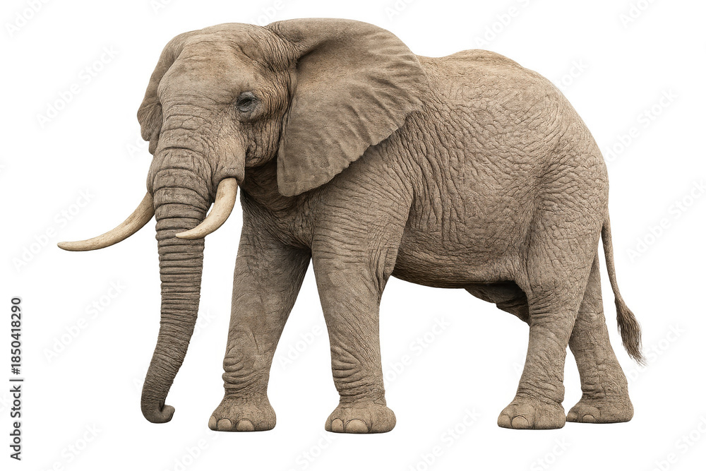 Obraz premium African bush elephant standing, large mammal, wildlife animal, savanna megafauna with big tusks and trunk on transparent background