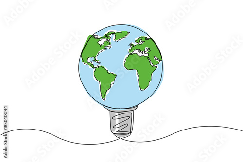 Continuous one line drawing a globe made like a light bulb. Very environmentally friendly energy. A kindness for the earth. International Day of Light. Single line draw design vector illustration
