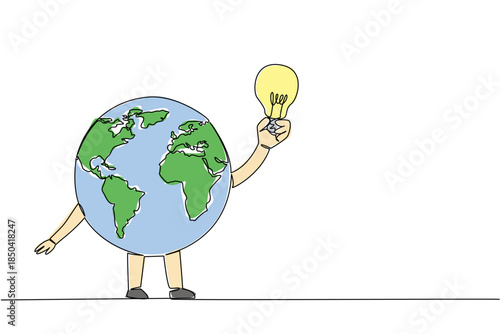 Single one line drawing globe character holding a light bulb. Unique and funny character. Energy dependency. Brighten the earth. International Day of Light. Continuous line design graphic illustration
