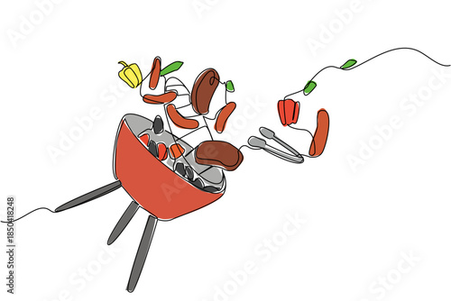 Continuous one line drawing barbecue grill with slices of meat sausages, peppers, tongs, flying around. Appetite boosting invitation. National Barbecue Day. Single line draw design vector illustration