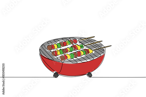 One line drawing vector of colorful vegetable and meat kebabs cooking on a red kettle grill for a culinary food concept. This outdoor feast theme is for National BBQ Day celebration.
