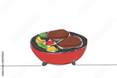 Continuous one line drawing barbecue grill with some meat cuts and peppers. Warming up the atmosphere with delicious meat. Steak. National Barbecue Day. Single line draw design vector illustration