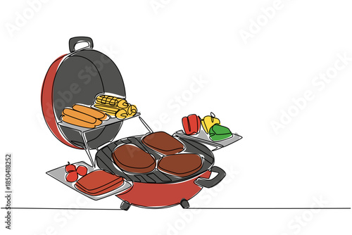 Single one line drawing barbecue grill and cover with some pieces of meat, sausage, tomatoes, peppers. Big barbecue party. Cookout. National Barbecue Day. Continuous line design graphic illustration