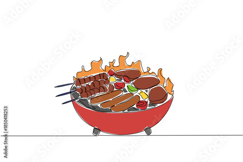 Single one line drawing barbecue grill with several pieces of meat, sausages, meat skewers, pieces of peppers. Feast for meat lovers. National Barbecue Day. Continuous line design graphic illustration