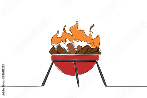 Continuous one line drawing barbecue grill with wood chunks and glowing flames. Heat wood before grilling. A cheerful summer weekend. National Barbecue Day. Single line draw design vector illustration