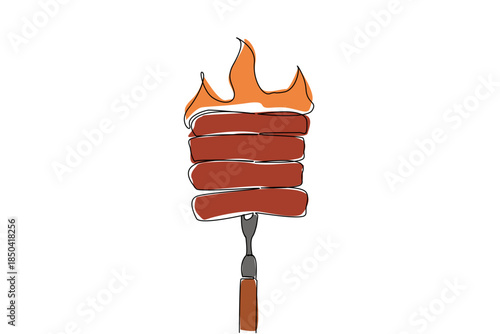 Continuous one line drawing several pieces of meat skewered with grilling forks and glowing flames. Meat cooked perfectly. Sirloin. National Barbecue Day. Single line draw design vector illustration
