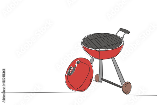 Single one line drawing barbecue grill with lid resting on its legs. The grill is cleaned. Ready to start barbecue party. Cookout. National Barbecue Day. Continuous line design graphic illustration