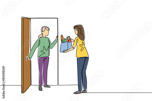 Single continuous line drawing grandmother holds doorknob and woman carrying a grocery bag. Caring for others. National Do Something Good for Your Neighbor Day. One line design vector illustration