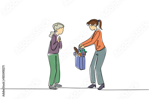 Single one line drawing a woman carries a grocery bag for a grandma. Helping an elderly neighbor. Care. National Do Something Good for Your Neighbor Day. Continuous line design graphic illustration