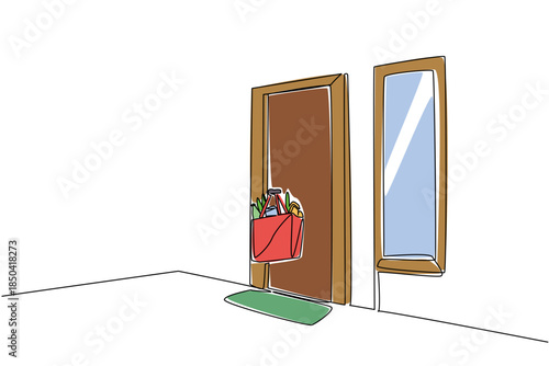 Single continuous line drawing grocery bag containing foods hanging on door handle. Quarantine to avoid viruses. National Do Something Good for Your Neighbor Day. One line design vector illustration
