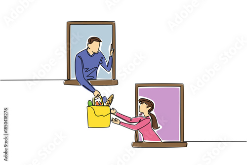 Continuous one line drawing man gives grocery bag to woman below. Helping to buy daily necessities. Kind. National Do Something Good for Your Neighbor Day. Single line draw design vector illustration