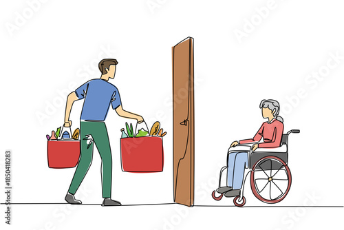 Continuous one line drawing a man carrying 2 grocery bags and give them to grandmother. Helping sincerely. National Do Something Good for Your Neighbor Day. Single line draw design vector illustration