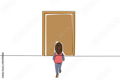 Single one line drawing girl carrying backpack walking towards the door. The excitement of the first day of school. New bag. Walk Safely To School Day. Continuous line design graphic illustration