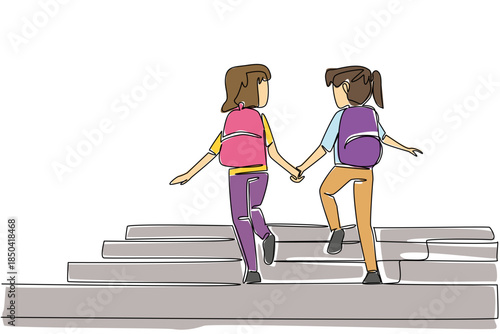 Continuous one line drawing 2 girls carrying backpacks holding hands walking up the stairs. True friendship of two students. Walk Safely To School Day. Single line draw design vector illustration