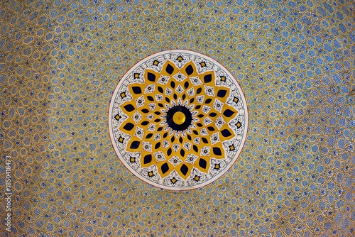 Ornate Islamic Dome Ceiling with Blue and Gold Geometric Patterns