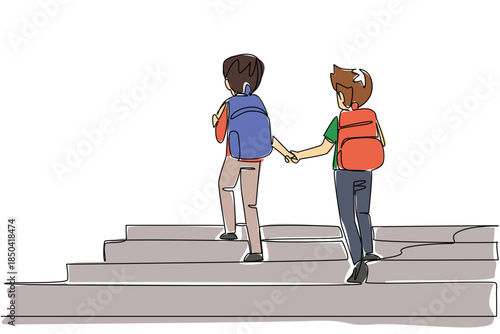 Continuous one line drawing 2 boys carrying backpacks holding hands walking up the stairs. Take care of each other until school. Walk Safely To School Day. Single line draw design vector illustration