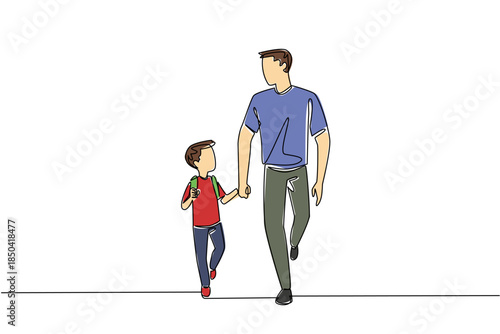 Single continuous line drawing little boy carrying backpack walking hand in hand with his father. Fun with Dad. Experiences. Responsible. Walk Safely To School Day. One line design vector illustration