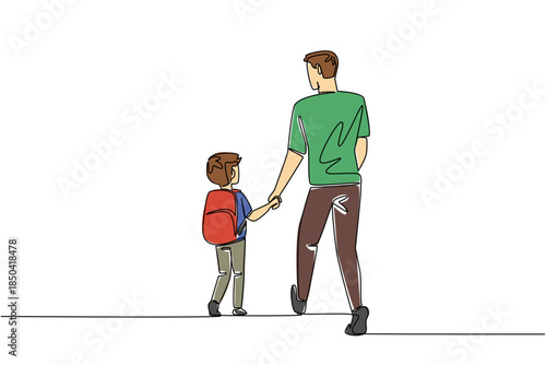 Single one line drawing a boy carrying a backpack walking hand in hand with his father. Teaching responsibility to his son. Walk Safely To School Day. Continuous line design graphic illustration