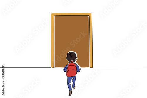 Single continuous line drawing boy carrying backpack walking towards the door. The joy of the new semester. Everything new. Enthusiastic. Walk Safely To School Day. One line design vector illustration