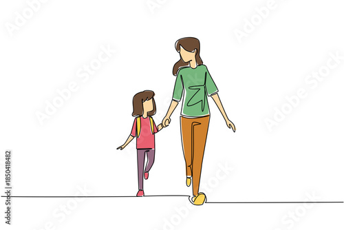 Single one line drawing girl carrying backpack walking hand in hand with mother. Walking leisurely. Telling stories and singing. Walk Safely To School Day. Continuous line design graphic illustration
