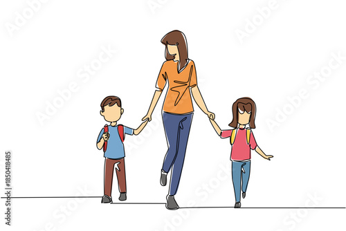 Single one line drawing a mother holding her son and daughter on her left and right. A morning routine of mother. Cheerfulness. Walk Safely To School Day. Continuous line design graphic illustration