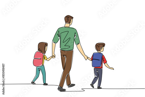 Continuous one line drawing rear view, a father holds son and daughter on his right and left. Walk leisurely to the school gate. Walk Safely To School Day. Single line draw design vector illustration