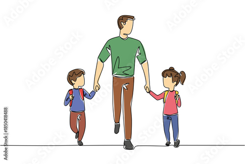 Single continuous line drawing a father holds his son and daughter on his right and left. The figure of a modern father. Responsible. Walk Safely To School Day. One line design vector illustration