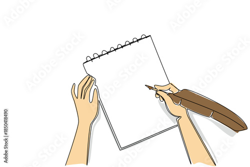 Single one line drawing hand writing in notebook using quill. Taking notes. Practice developing skills. Life notes. The most classic. National Notebook Day. Continuous line design graphic illustration