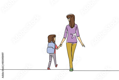 Continuous one line drawing a little girl carrying a backpack walking hand in hand with her mother. Love the child in other ways. Walk Safely To School Day. Single line draw design vector illustration