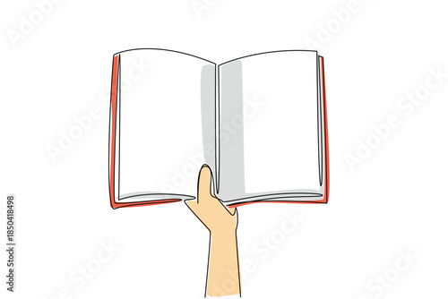 Single continuous line drawing hand holding a notebook. Opening notes. Reading references becomes better. The most learner. Be the best. National Notebook Day. One line design vector illustration