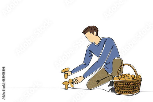 Continuous one line drawing a man picking mushrooms and a rattan basket full of mushrooms. It will be a very delicious dish. National Mushroom Hunting Day. Single line draw design vector illustration