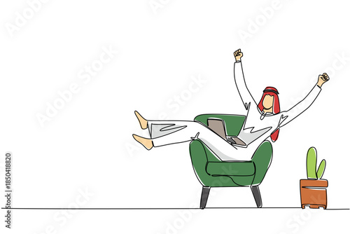 Single one line drawing arab man sits on a sofa with his legs and arms up and a laptop on his stomach. Getting new investors. National Work From Home Day. Continuous line design graphic illustration