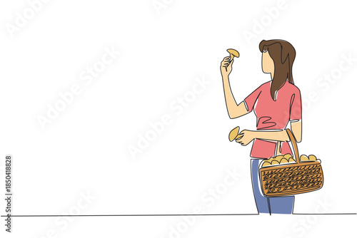 Continuous one line drawing a woman holds mushroom and rattan basket filled with mushrooms slung over hand. Deliciousness. National Mushroom Hunting Day. Single line draw design vector illustration