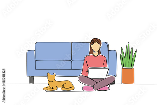 Continuous one line drawing woman sitting cross legged on floor with laptop on lap and cat lying down. Architect. Designing. National Work From Home Day. Single line draw design vector illustration