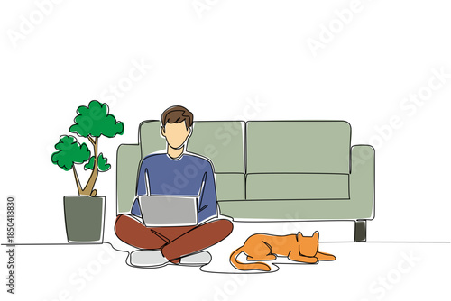 Single one line drawing man sitting cross legged on the floor with laptop on lap and cat lying down. Creating a tax invoice. National Work From Home Day. Continuous line design graphic illustration