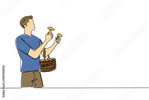 Single continuous line drawing a man holds mushrooms and rattan basket filled with mushrooms slung over hand. Harvest abundantly. National Mushroom Hunting Day. One line design vector illustration