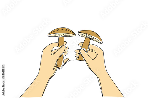 Single one line drawing two hands holding mushrooms. Comparing different harvests. Enjoy delicious mushroom dishes. Tasty. National Mushroom Hunting Day. Continuous line design graphic illustration