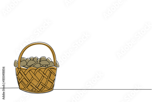 Single continuous line drawing rattan basket filled with mushrooms. The result of good cultivation efforts. A satisfying harvest. National Mushroom Hunting Day. One line design vector illustration