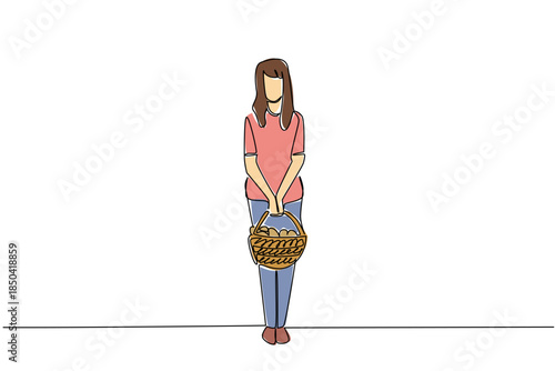 Single continuous line drawing a woman carrying a rattan basket filled with mushrooms with both hands. Hunt until get a large amount. National Mushroom Hunting Day. One line design vector illustration