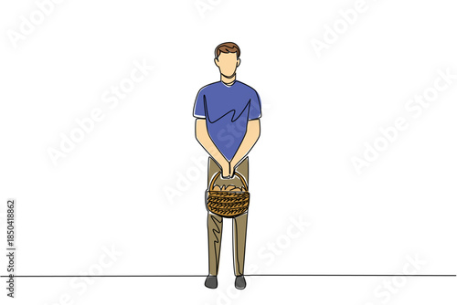 Continuous one line drawing a man carrying a rattan basket filled with mushrooms with both hands. Coming home after hunting. National Mushroom Hunting Day. Single line draw design vector illustration