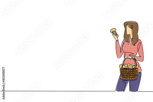Single one line drawing a woman carrying a rattan basket filled with mushrooms in one hand. Happy with the harvest. Tasty. National Mushroom Hunting Day. Continuous line design graphic illustration