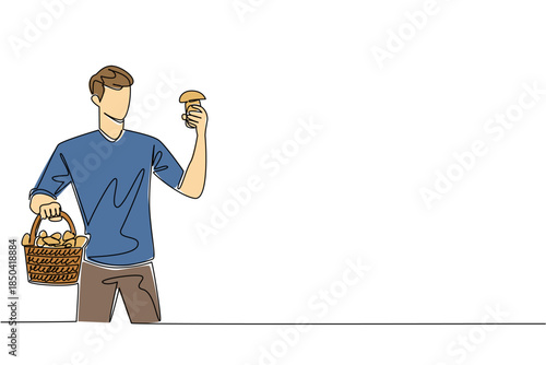 Single one line drawing a man carrying a rattan basket filled with mushrooms in one hand. Surprised. Get blessings. Edible. National Mushroom Hunting Day. Continuous line design graphic illustration
